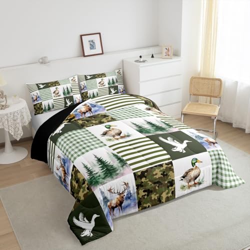 Image of Feelyou Kids Mallard Duck Comforter Set Queen Size, Duck Hunting Bedding Set Green Duck Comforter for Boys Girls Deer Hunting Duvet Insert Bed Set 3Pcs