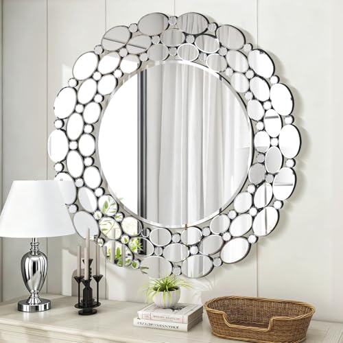 Image of 35 inch Large Round Wall Mirrors, Modern Silver Mirror for Wall Decor, Elegant Decorative Mirror for Entryway, Living Room, Bedroom, Bathroom, Dining Room