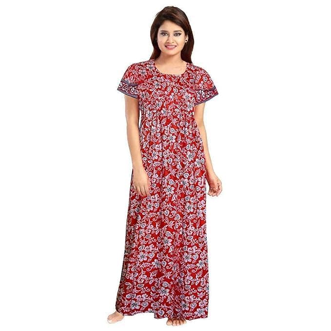 Image of NILOUFO Women's Cotton Printed Maxi Nighty - Pack of 2 | Soft Ankle-Length Sleepwear Gowns for Women | Free Size Night Dresses (Blue,Red, Free Size)