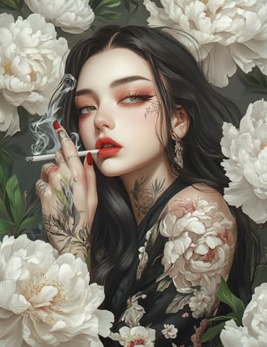 DIY Cross Stitch Kit for Beginners Beautiful Woman Tattoos Smoking 11CT Complete Embroidery Kit with Pattern Stamped Needlepoint Craft Kit for Home Decor 30x40cm-1