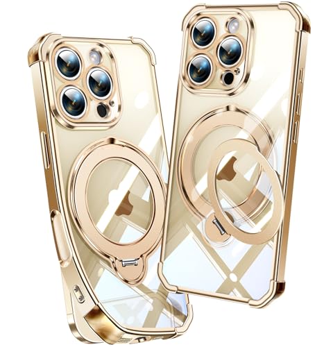 Image of Soft Case for iPhone 16 Pro with 360 Rotating Magnetic Stand, Compatible with Mag-Safe, 4X MIL-Drop Protection, Lightweight Glossy Anti-Yellowing Clear Back Phone Cover for iPhone 16 Pro 6.3 inch, Gold
