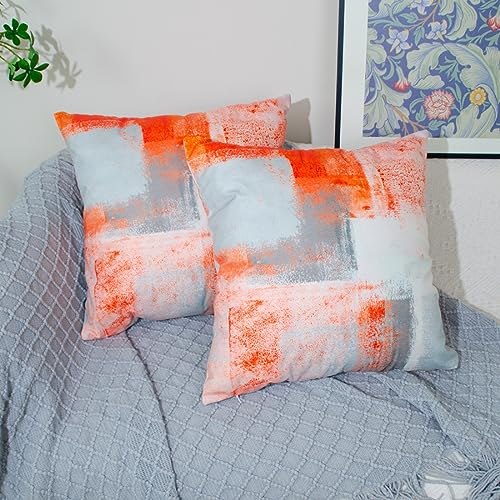 DILOXNSU Cushion Covers 50cm x 50cm Set of 2 Double-Sided Orange Grey White Abstract Art Painting Velvet Modern Decorative 20x20 Inches Pillow Cover for Sofa Livingroom Bed Cushions Cases - Image 3