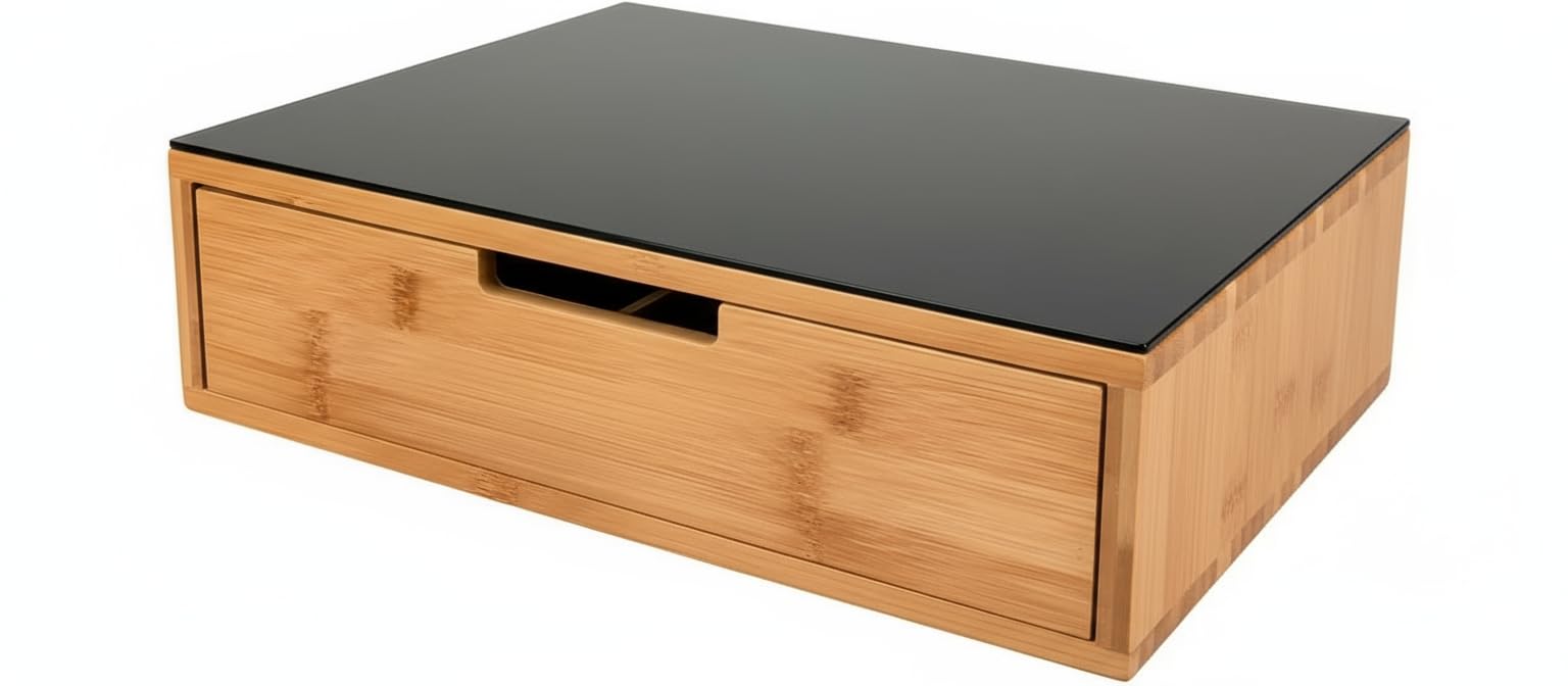 Porta Cialde In Bambù Con Cassetto 4 Scomparti Ripiano in Vetro Organizer Capsule Caffè Cialde Bustine Tè Tisane Zucchero Design Elegante per Cucina e Ufficio 30 x 30 x 10 Cm Marrone