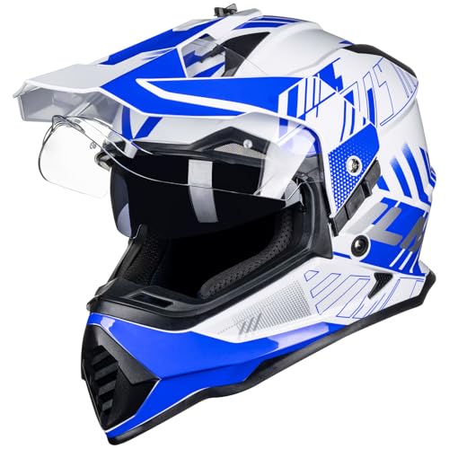 ILM Casque Moto Cross Homme Femme ECE Homologué Casque VTT avec Double Visière DH Enduro Quad Motocross WS902, Bleu Blanc, M