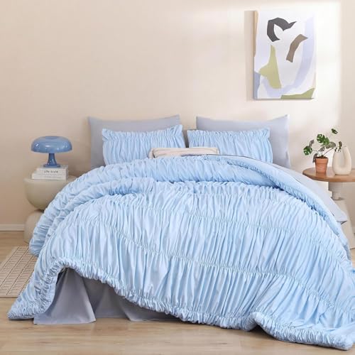 Image of weigelia Cinched Comforter Set Full - Soft Ruched Bedding Set, 3PCS Light Blue All-Season Fluffy Lightweight Comforter with Pillowcases for Bedroom, Apartment & Dorm Decor