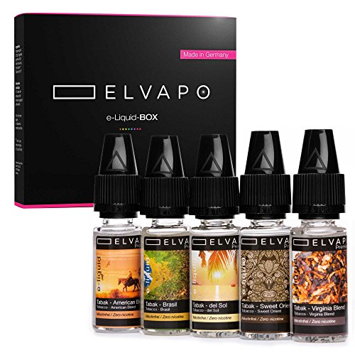 5 x 10ml Elvapo Premium E-LIQUID-BOX | E-Zigaretten Liquids Set | Tabak-Set: American Blend, Virginia Blend, Sweet Orient, Del Sol, Brasil | Probierset 0,0 mg (nikotinfrei) | Made in Germany! Cover