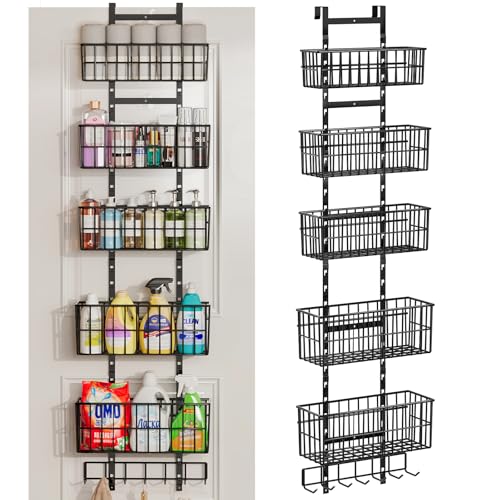 Hongtamoya Adjustable Over The Door Organizer, Metal Hanging Door Organizer with 5 Wire Basket 7 Hooks, Wall Mounted Shelf for Pantry Laundry Organization and Storage, Black