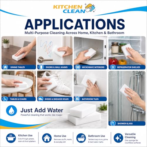 Image of Kitchen Clean Magic Eraser Sponge, Pack of 2 | Wall & Kitchen Stain Remover, Bathroom Tile Cleaner, Pencil Marks & Lime Scale Cleaner