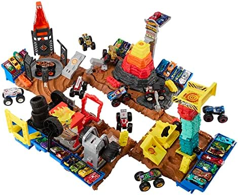 Hot Wheels HNB93 - HW Monster Trucks Arena Smashers Tiger Shark Slingshot Challenge z rekinem tygrysim i 2 rozbijającymi się samochodami w skali 1:64, Zabawki motoryzacyjne od 4 lat
