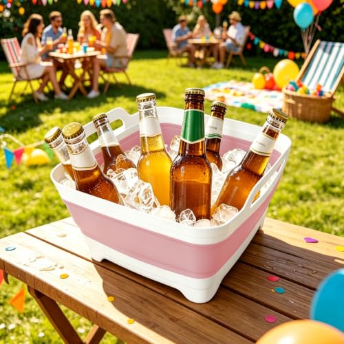 Image of FOSJGO Collapsible Dish Basin with Drain Plug, 2.4 Gal (9L) Space-Saving Foldable Sink, Wash Basin for Kitchen, Baby Bottles, Vegetable Washing, Camping, RV and Party Beverage Tubs (Pink)