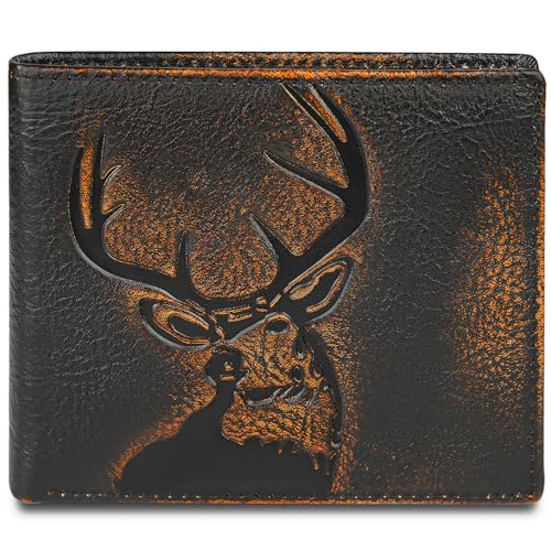Real Leather Wallet for Men RFID Blocking Bifold 12 Card Slots 2 ID Windows Full Grain Vintage Coffee (black brown with deer)