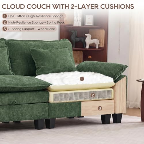 Image of IPKIG 117 inch Modular Cloud Couch with Storage, C Shaped Sectional Sofa | 3 Seater Green Chenille Deep Seat Sectional Couches with Ottoman and Pillow for Living Room, Apartment