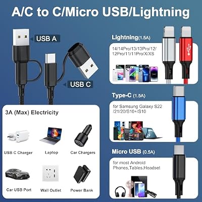 6 in 1 Multi Charging Cable 2Pack - 6FT USB Cable 3A Charger Cable Braided Universal USB A/C Charging Cord With 2*IP/Type C/Micro USB Port for Cell Phone/Tablets