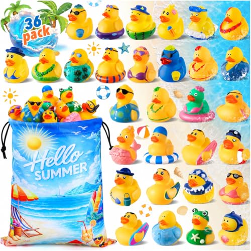 36 Pcs Summer Rubber Ducks with Bag Ducks for Cruise Ship Hiding Ducks for Jeeps Ducking Assorted Beach Duckies Toys for Vacation Summer Themed Party Favors Bath Pool Water Toy Gifts for Kids