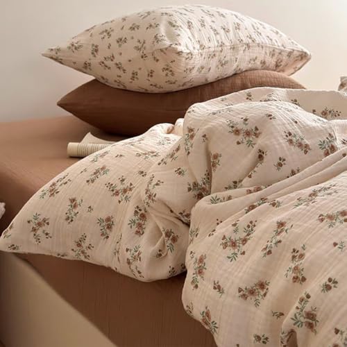 AShanlan Doppelte Musselin Bettwäsche 135x200 4teilig Baumwolle Vintage Blumenmuster Bettwäsche-Sets ÖKO-TEX Zertifizierte 2 Bettbezug und 2...