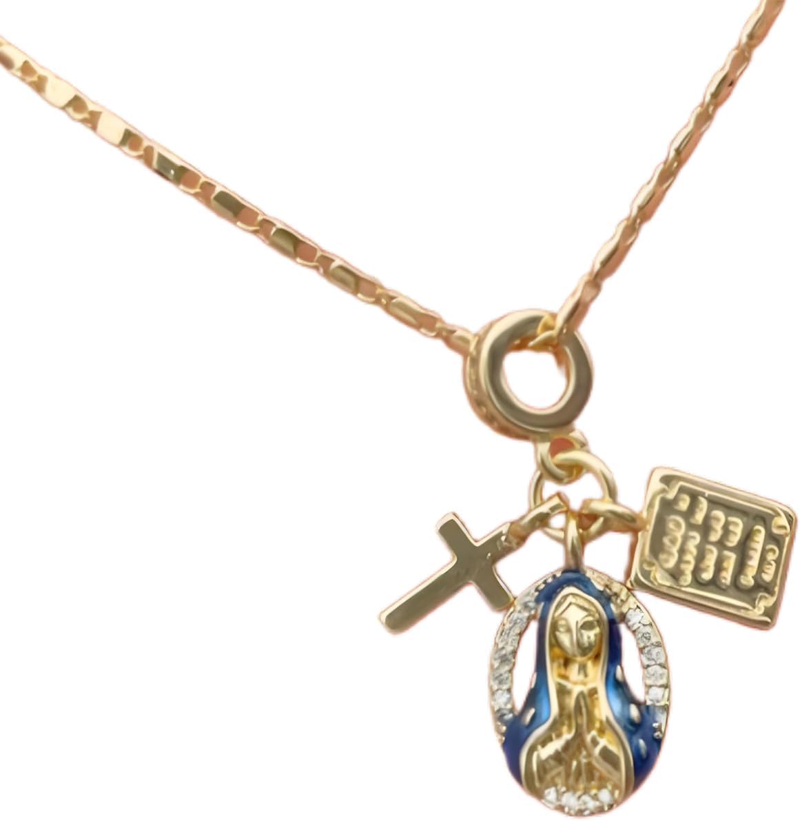 Virgin Mary Necklace For Women, 14k Gold-Plated Small Cross Holy Writ Tag With Cubic Zirconia Religion Pendant Faith Jewelry Gift