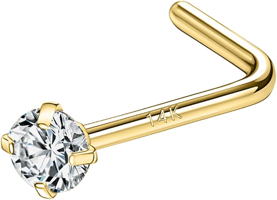 SYLWIA 14K Real Gold Nose Studs 20g 18g, L Shaped Nose Rings Corkscrew, Simulated Diamond CZ Hypoallergenic 18 20 Gauge Nose Ring Piercing for Women Men Gifts - 2mm 2.5mm 3mm CZ