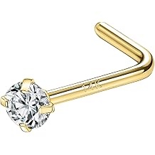 SYLWIA 14K Real Gold Nose Stud 20g L-Shaped Nose Ring Corkscrew Simulated Diamond CZ Hypoallergenic 20 Gauge Nose Ring Earrings for Women Wen Gift - 2mm 2.5mm 3mm CZ