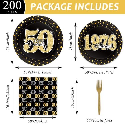 Image of 200Pcs 50th Birthday Party Decorations Vintage 1976 Paper Plates and Napkins Black Gold 50 Year Old Disposable Tableware Set for Men Women 50th Birthday Anniversary Party Favors Supplies Serves 50