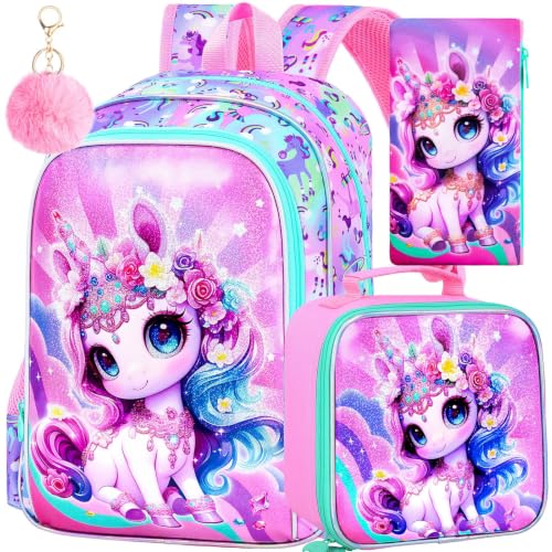 Image of Unicorn Backpack for Girls, 16 inch Kids Bookbag with Lunch Box,3Pcs School Backpacks for Elementary Preschool Kindergarten (Pink)