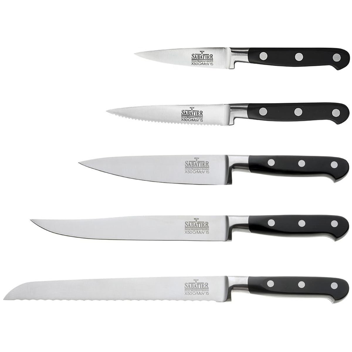 RICHARDSON SHEFFILED - Bloc avec 5 couteaux de cuisine : Office, utile, chef découper et pain - V sabatier Life - Acier Molybdène-Vanadium manche ABS et rivets acier - Inox