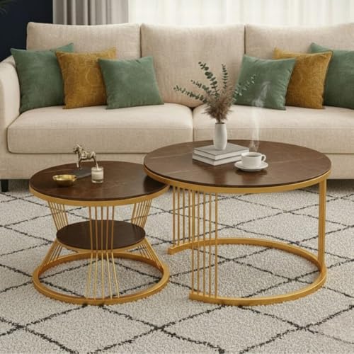 Image of Modern Nested Coffee Table Set of 2 | Round Marble Finish Tabletop with Metal Base | Luxury Center Table for Living Room, Lounge & Office (Gold Brown)