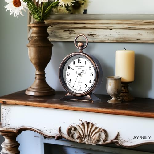 Image of AYRELY 7-Inch Vintage Mantel Clock with Handle,Antique Metal Desk Clocks Battery Operated,Retro Table Clock for Bedroom Living Room Shelf Farmhouse Fireplace Decor