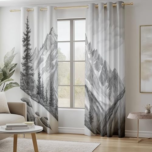 Blackout Curtains Bedroom Simple Hand-Painted Style Mountain Pattern, Geo-Thermal Insulated Energy Efficiency Window Treatment Sets Grommet Drapes for Kids Room 52