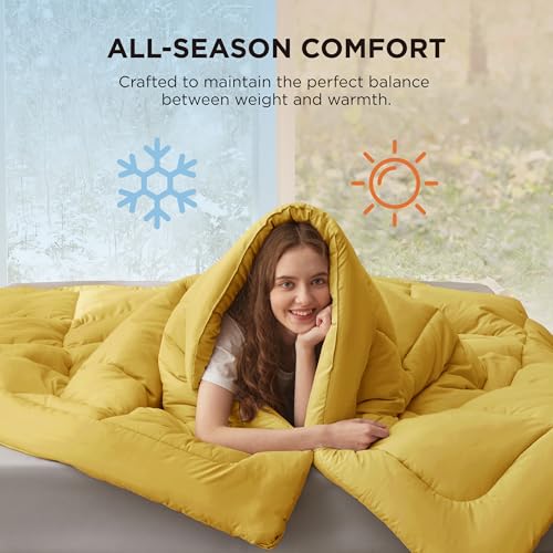 Image of Bedsure Comforter Duvet Insert - Quilted Comforters Queen Size, All Season Duvet, GentleSoft Down Alternative Bedding, with 8 Tabs, Gifts for Women /Men, Mustard Yellow, Queen 88 x 88 Inches