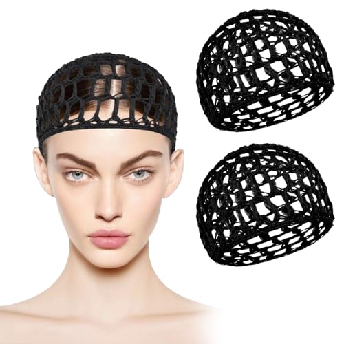 2Pcs Black Crochet Mesh Shower Caps, Reusable Soft Sleeping Hair Nets with Lift Strap for Curly Hair...