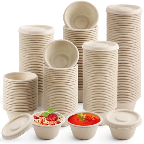 Tivcck 200 Pack Biodegradable Condiment Cups with Lids,2 oz Disposable Portion Cups,Natural Bagasse Fiber Souffle Cups,Biodegradable Sample Cups,Small Sauce Cup for Dips,Jams,Ketchup