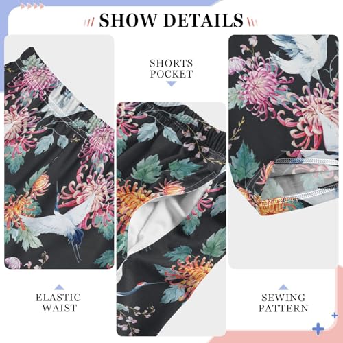 Crane Chrysanthemum Floral Boys Long Pants Soft Trousers Elastic Waist Kids Lounge Bottoms with Pockets S-XL4