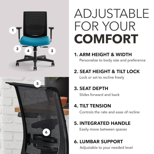 Image of HON Convergence Ergonomic Office Chair with Mesh Back, Adjustable Arms, Lumbar Support, Synchro‑Tilt Desk Chair with Wheels for Home Office or Computer Use, Black Frame, Peacock