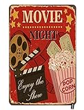HOSNYE Movie Night Poster Tin Sign Enjoy the Show with Popcorn Red Background Vintage Metal Tin Signs for Men Women Wall Art Decor for Home Bars Clubs Cafes 8x12 Inch