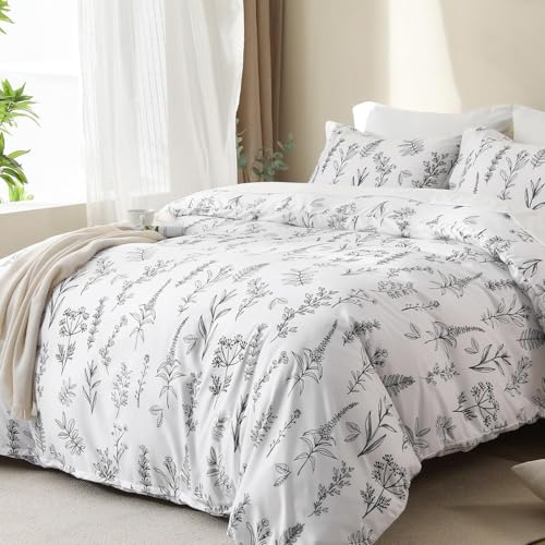 Image of MUXHOMO White Full Comforter Set, Elegant Floral Print Bed in a Bag 7 Pieces, Ultra Soft & Breathable Reversible Botanical Pattern Bedding Set with Comforter, Sheets, Pillowcases, and Shams