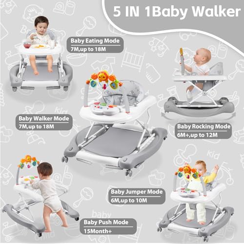 Image of Baby Walker, 5 in 1 Baby Walkers for Boys Girls 6-12 Months, Foldable Walkers for Babies with Bouncer & Feeding Tray, Music, Adjustable Heights, Activity Walker for Infant