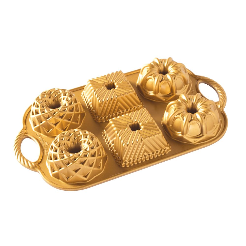 Nordic Ware Geo Bundtlette Pan, Cast Aluminium Mini Bundt Tin, Bundt Cake Tin for 6 Cakes, Cake Mould Colour: Gold 91277