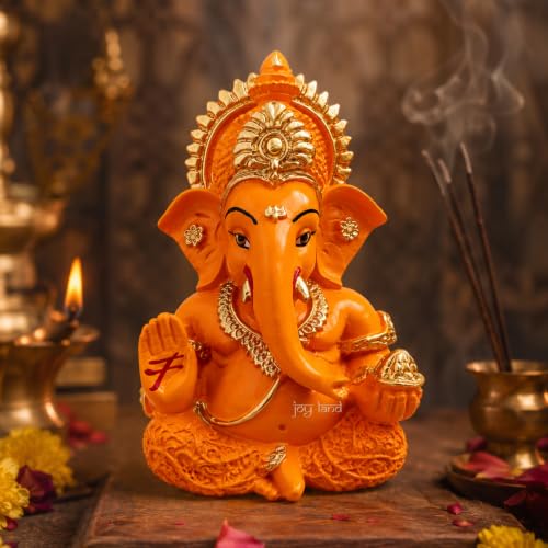 Image of JOY LAND Lord Ganesha Car Dashboard Idol | White & Gold Ganesh Murti for Car Dashboard, Home & Office Decor (Orange)