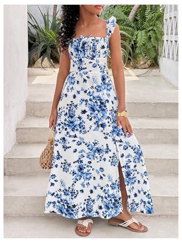 Girl's Floral Cami Maxi Dress Split Thigh Sleeveless Shirred Flowy Dresses4