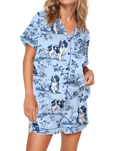 Image of SHESHOW Satin Pajamas for Women Set Preppy Animals Pjs Short Sleeve Shorts 2 Piece Loungewear Sets XS-XXL