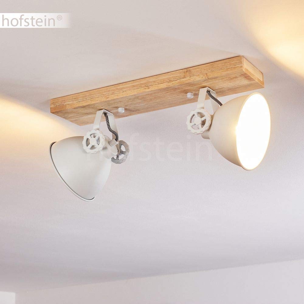 HOFSTEIN Deckenleuchte Svanfolk, verstellbare Deckenlampe aus Metall/Holz in Weiß/Natur, Leuchte im Industrial/Retro/Vintage-Design mit Holzbalken, 2 x E14, Wohnzimmer, Esszimmer, Schlafzimmer, Küche