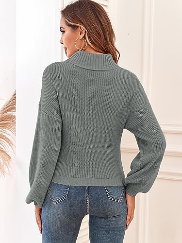 Image of ZAFUL Women's Cropped Turtleneck Sweater Lantern Sleeve Ribbed Knit Pullover Sweater Jumper