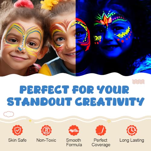 12-Color-Face-Painting-Kits-for-Kids-Beesjuy-Neon-Face-Paint-Glow-in-the-Dark-Makeup-Kit-Plant-Ingredients-UV-Face-Crayons-Fluorescent-Painting-Party-for-AdultsKids-5-Neon