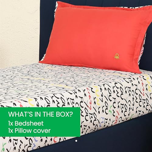 Image of United Colors of Benetton Luxury 100% Cotton Bedsheet Set, Soft & Skin-Friendly, Durable & Fade-Resistant Print (White-Black)