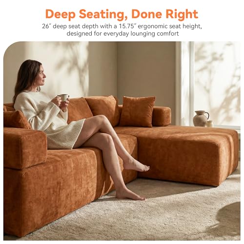 Image of MONVANE 106 inch Cloud Sectional Couch with L-Shaped Chaise, Modular Sectional Sofa with Deep Seat and Removable Armrests, Comfy Chenille Boneless Couches for Living Room, No Assembly Required, Orange