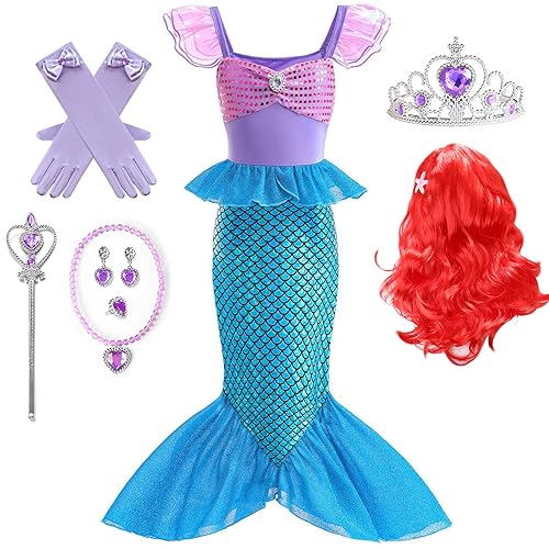IWFREE Sirena Disfraz con Pelucas Niña Cosplay Princesa Ariel Brillante Cola de pez Vestido de Princesa y Accesorios Set Halloween Navidad Carnaval Cumpleaños Fiesta Vestido de Noche para Niños
