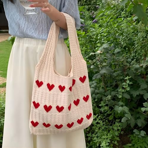 Image of Cotton Knitted Heart Pattern Tote Bag for Women - Large, Stylish & Durable Black Shoulder Handbag for Everyday Use, Travel, Shopping, Work & Beach (Pack of 1)