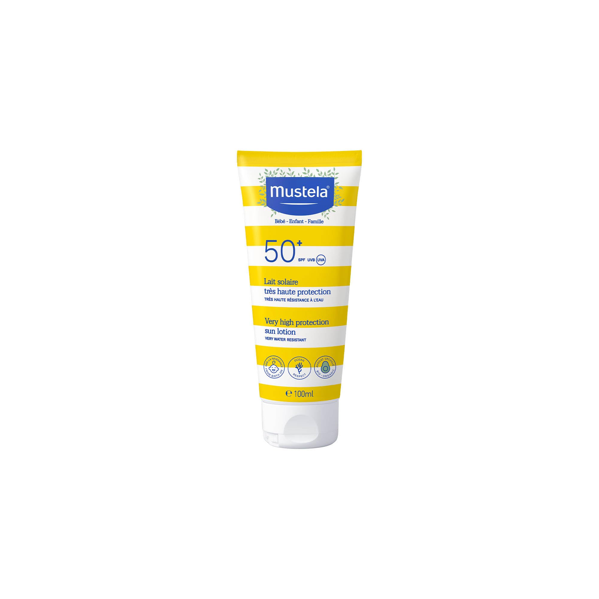 Mustela Latte Solare Spf 50, Viso, Corpo, Con Perseose di Avocado, Neonati, Bambini, Tutta la Famiglia, Adatto in Gravidanza - Protezione Molto Alta dai Raggi UVB e UVA (100ml)