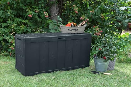 Dmora - Baúl de almacenamiento Exterior Pescate, Cofre de jardín, Banco con almacenaje, Arcón para exteriores, 117x45 h58 cm, Marrón