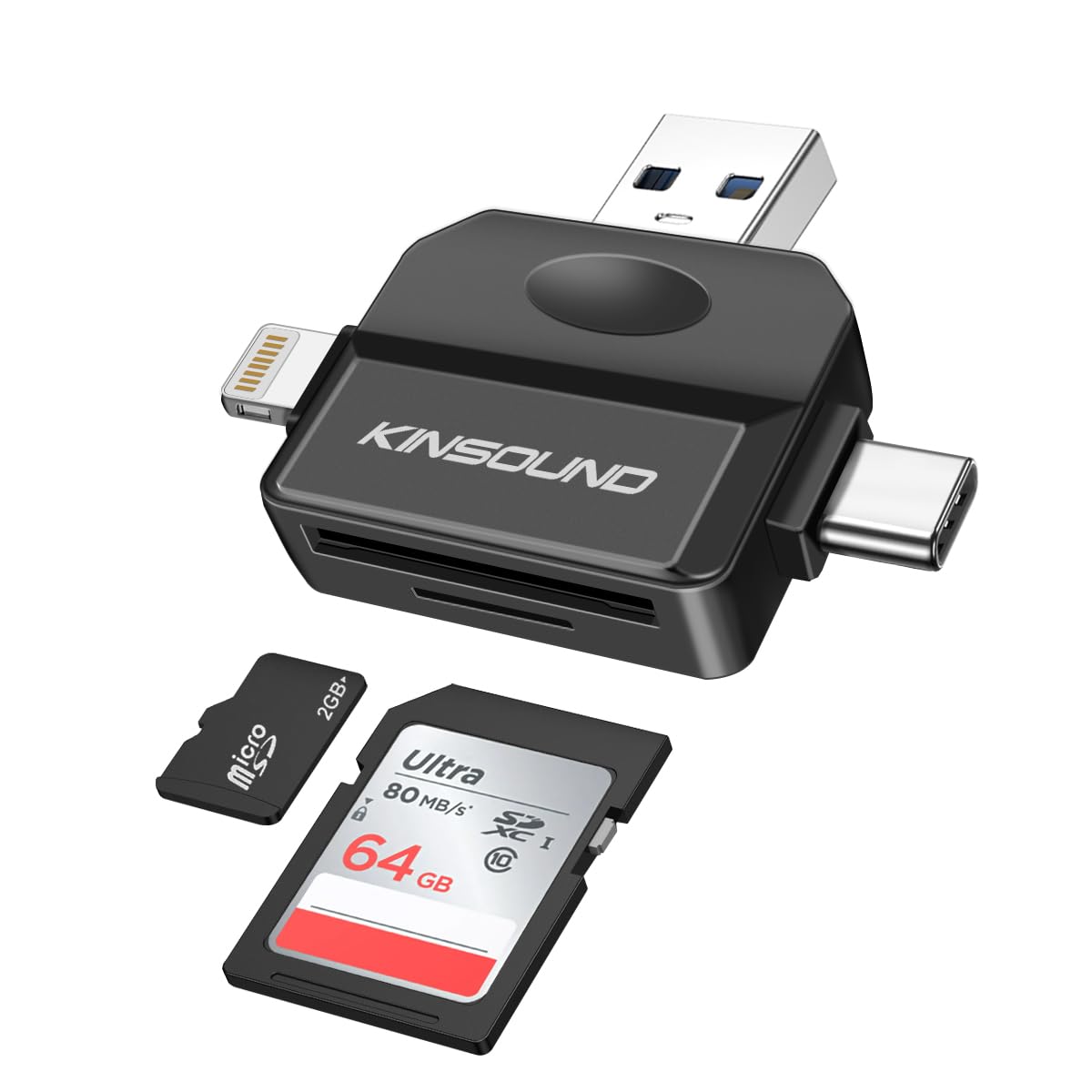 Kinsound 5 in 1 SD & TF Card Reader for iPhone with Type-C, Lighting & USB Ports, Memory Card Reader Compatible with TF, SD, SDHC, SDXC, MMC, RS-MMC, Micro SDXC for iPhone & Android Phone